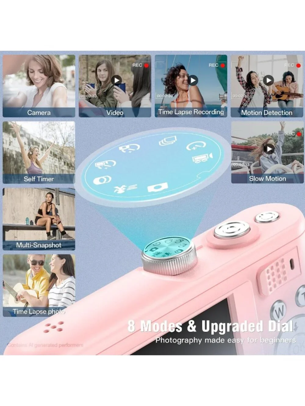 4K Vlogging Camera, 64MP Point & Shoot, 18X Zoom, Anti-Shake, Compact, Blush